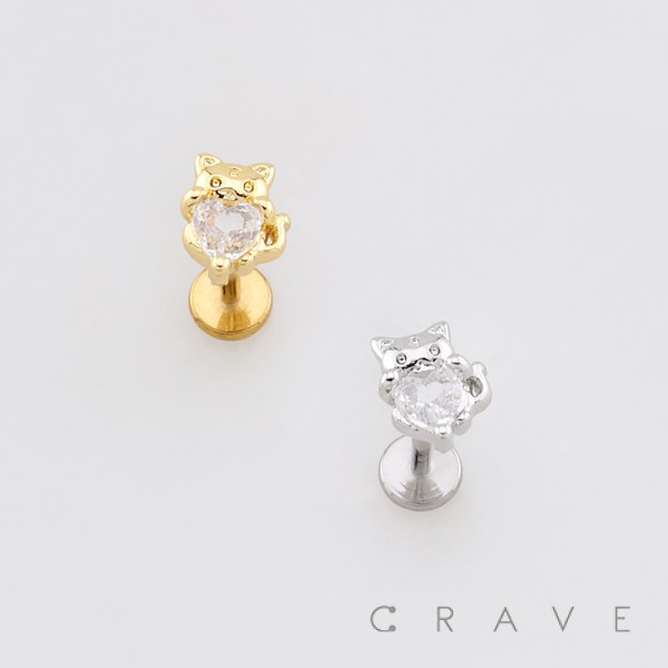 PLAYFUL KITTEN HOLDING HEART CZ STUD 316L SURGICAL STEEL LABRET SET PLAYFUL KITTEN HOLDING HEART CZ STUD 316L SURGICAL STEEL LABRET SET